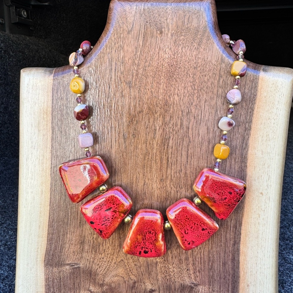 Handmade Red Ceramic & Mookaite Stone Chunky Beaded Necklace